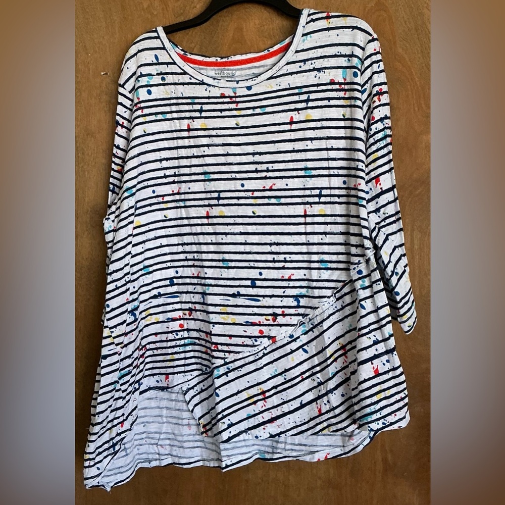 Westbound Woman Pullover Top White With Splatter Paint & Stripes 3/4 Sleeves 3XL